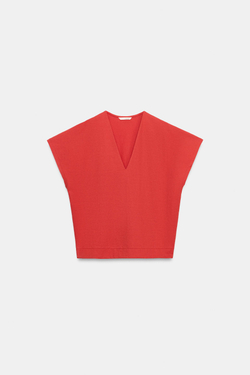 ZARA ФУТБОЛКА В СТИЛЕ РУСТИК С V-ОБРАЗНЫМ ВЫРЕЗОМ, КОРАЛЛОВЫЙ