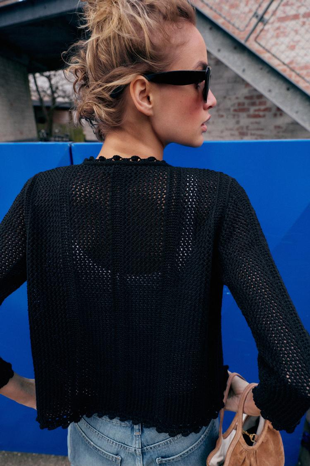 ZARA ВЯЗАНЫЙ КАРДИГАН С УЗОРОМ POINTELLE, ЧЕРНЫЙ