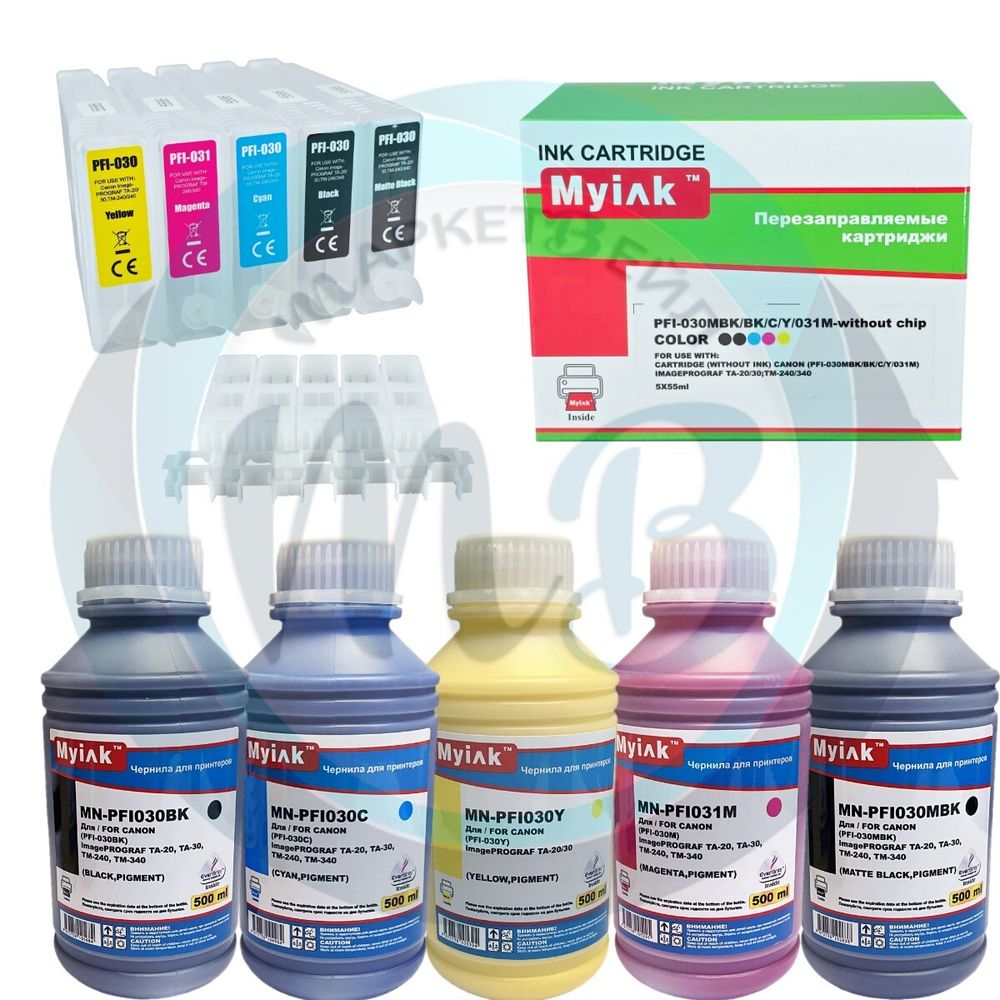 Комплект MyInk ПЗК PFI-030/031 + чернила 5x500мл для Canon TM-240, TM-340, TA-20, TA-30, пигментные 5 цветов