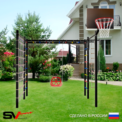 Уличная шведская стенка Sv Sport рукоход с комплектом турник прямой 2шт У5386К (Турник/Со спинкой/Щит баскет/Канат/кольца/лестница/Сетка)