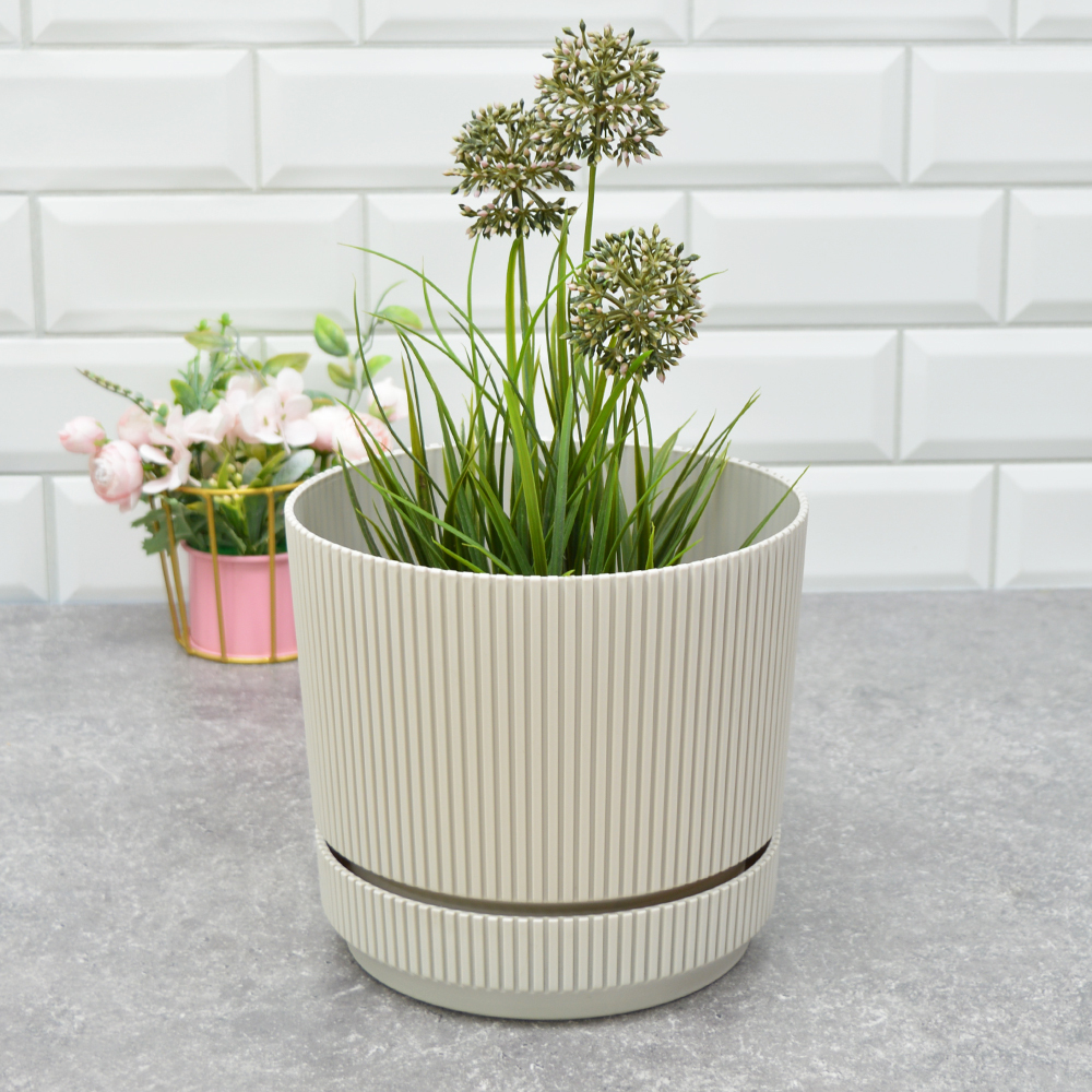 Кашпо Стрип 3,9л d20см с подставкой, кремовый