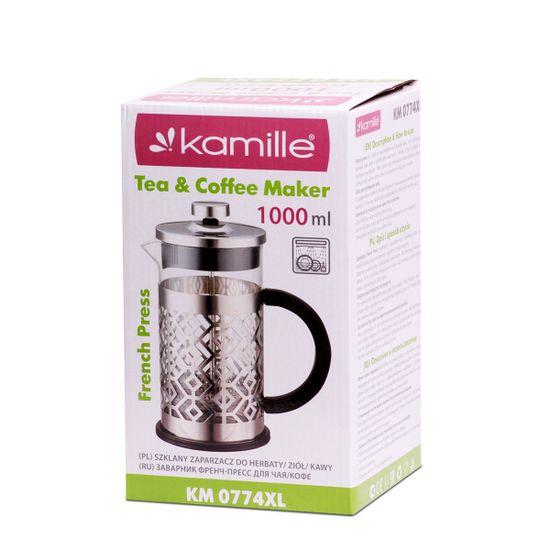Френч-пресс 1000 мл. Kamille KM 0774XL нержавеющая сталь, стекло, бакелит