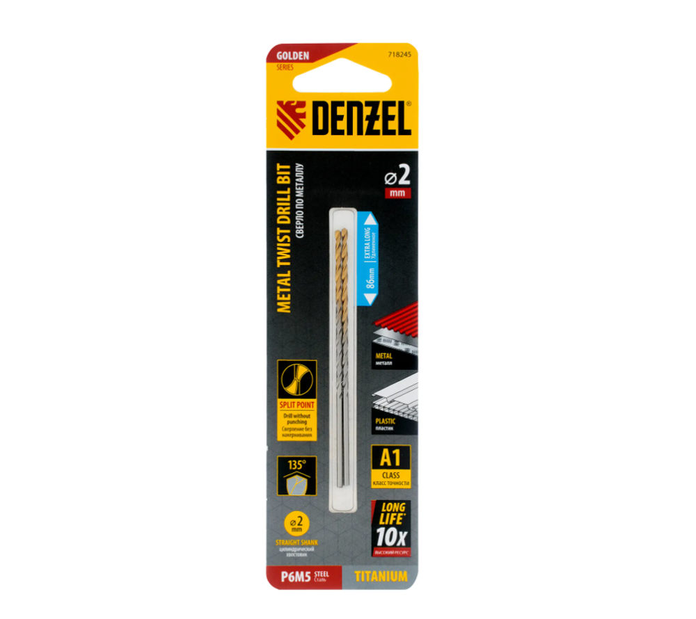 Сверло спиральное по металлу 2 х 86 мм Р6М5, Golden Tip, удлиненное, 2шт. Denzel 718245