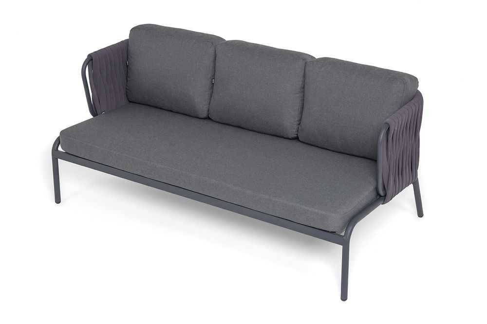 "Ронда" диван 3-местный плетеный из роупа, каркас алюминий темно-серый (RAL7024) муар, роуп серый 40 мм tex, ткань темно-серая 027