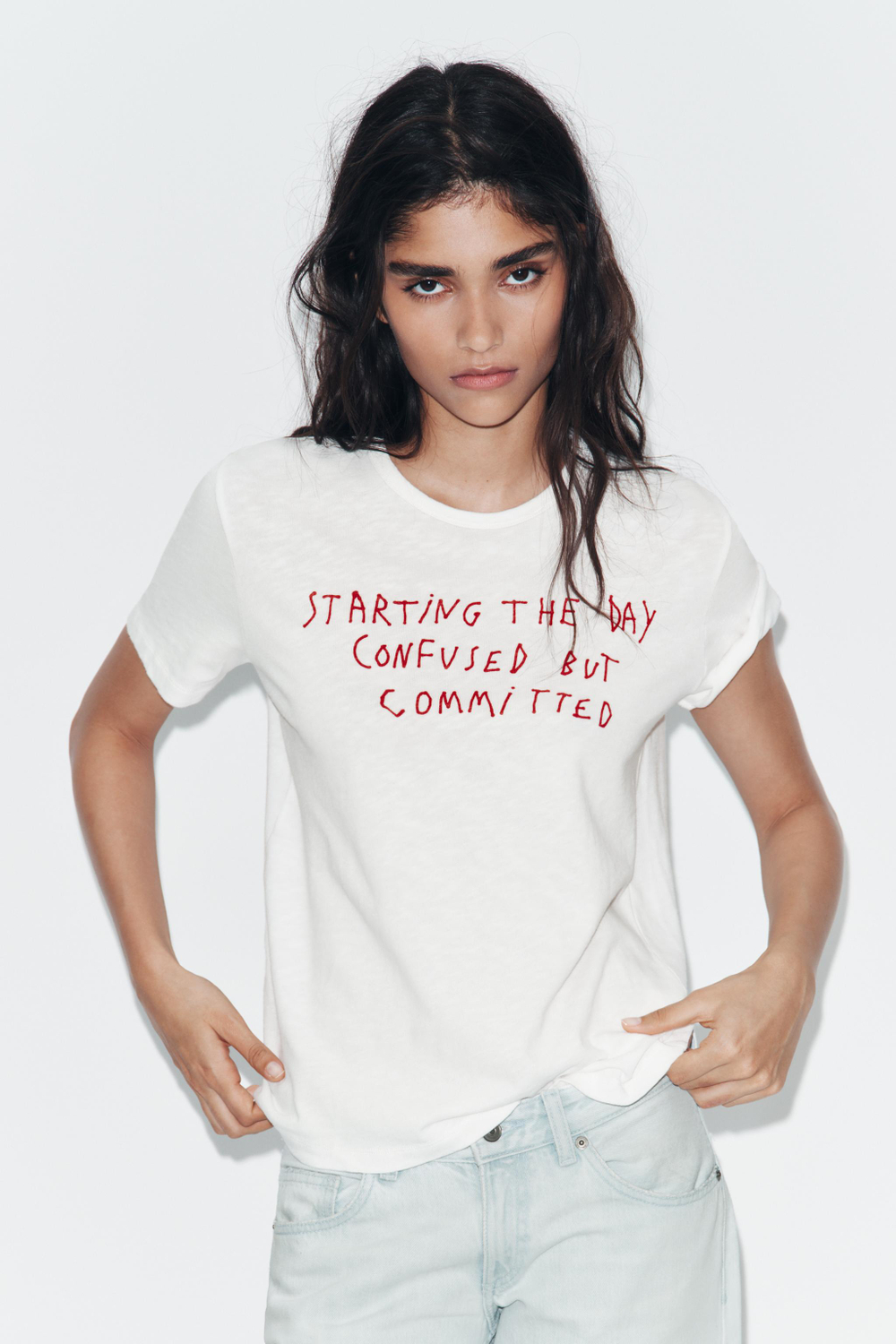 ZARA ФУТБОЛКА ФЛАМЕ С НАДПИСЬЮ, БЕЛЫЙ