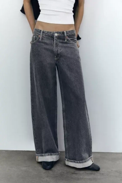 ZARA ДЖИНСЫ TRF RELAXED С НИЗКОЙ ПОСАДКОЙ И ОТВОРОТАМИ, СЕРЫЙ