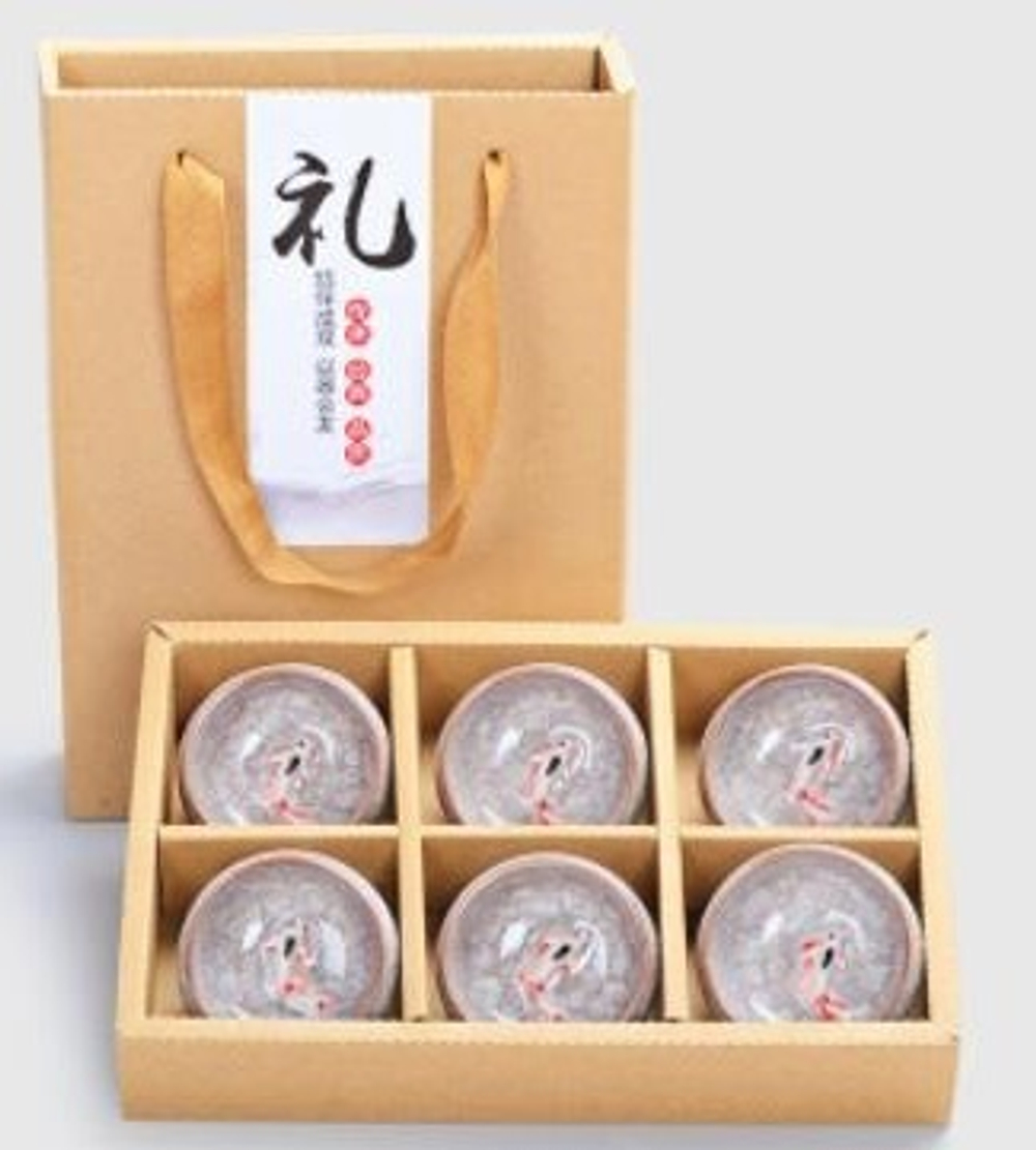 265004b набор пиал "Колотый Лёд" в подарочн кор,6 шт, бежевый, d=6,5cm, h=3cm, 40 мл, рис "Рыбка 3Д"