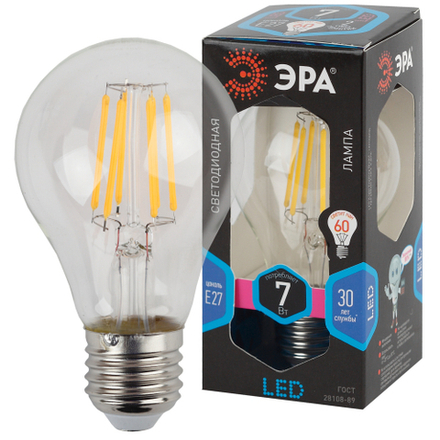 Лампа светодиодная ЭРА F-LED A60-7W-840-E27 7Вт филамент груша нейтральный белый свет E27