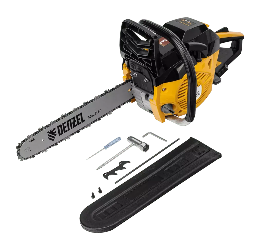 Пила цепная бензиновая DGS-4516, шина 40 см, 45 см3, 3 л.с, шаг 3/8, паз 1.3 мм, 57 звеньев Denzel, 95230