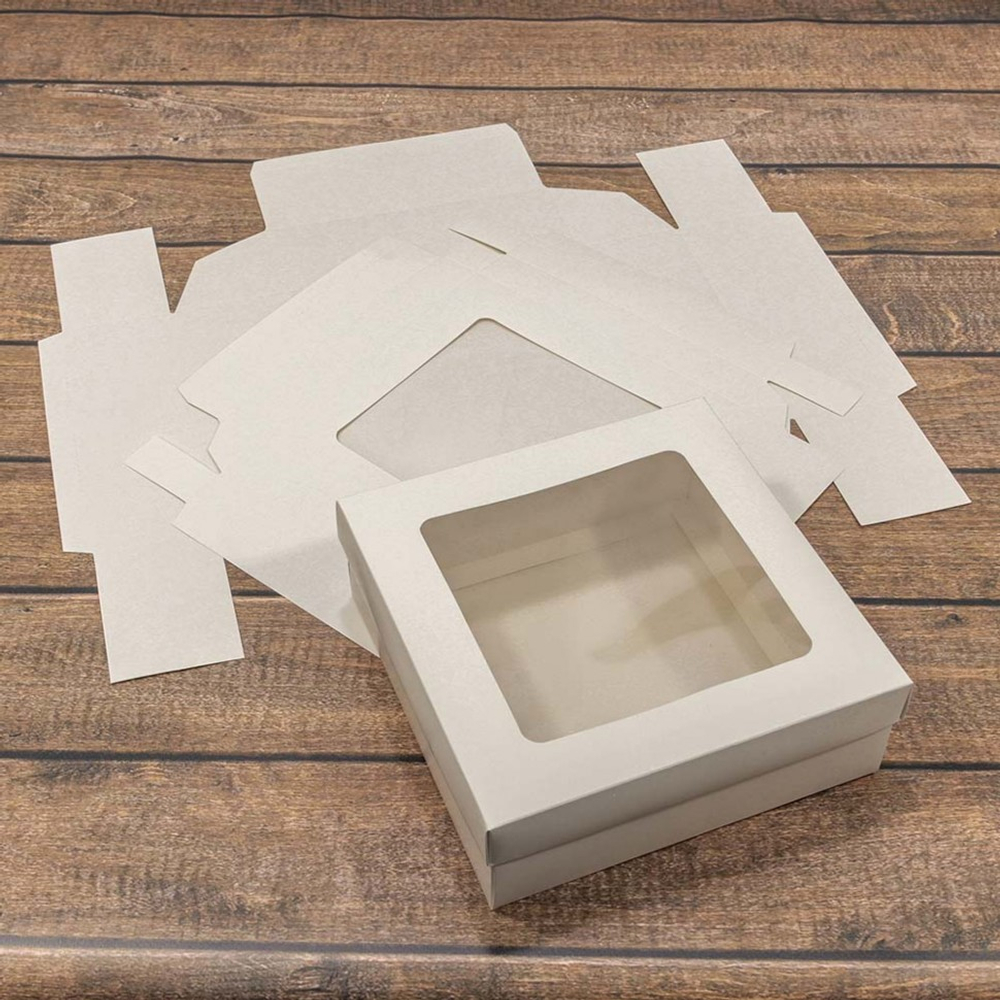 Коробка Для конфет сборная 20х20х7 см с окошком (Белый, Крафт)
