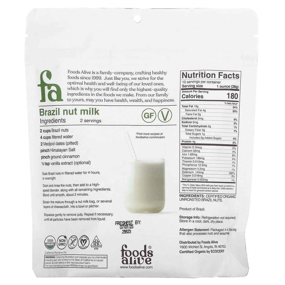Foods Alive, органические бразильские орехи, цельные, 284 г (10 унций)