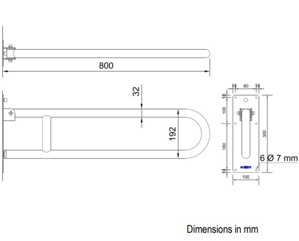 Поручень полукруглый для людей с ограниченными возможностями без держателя для туалетной бумаги Nofer,  белый 15051.SP.80.W схема