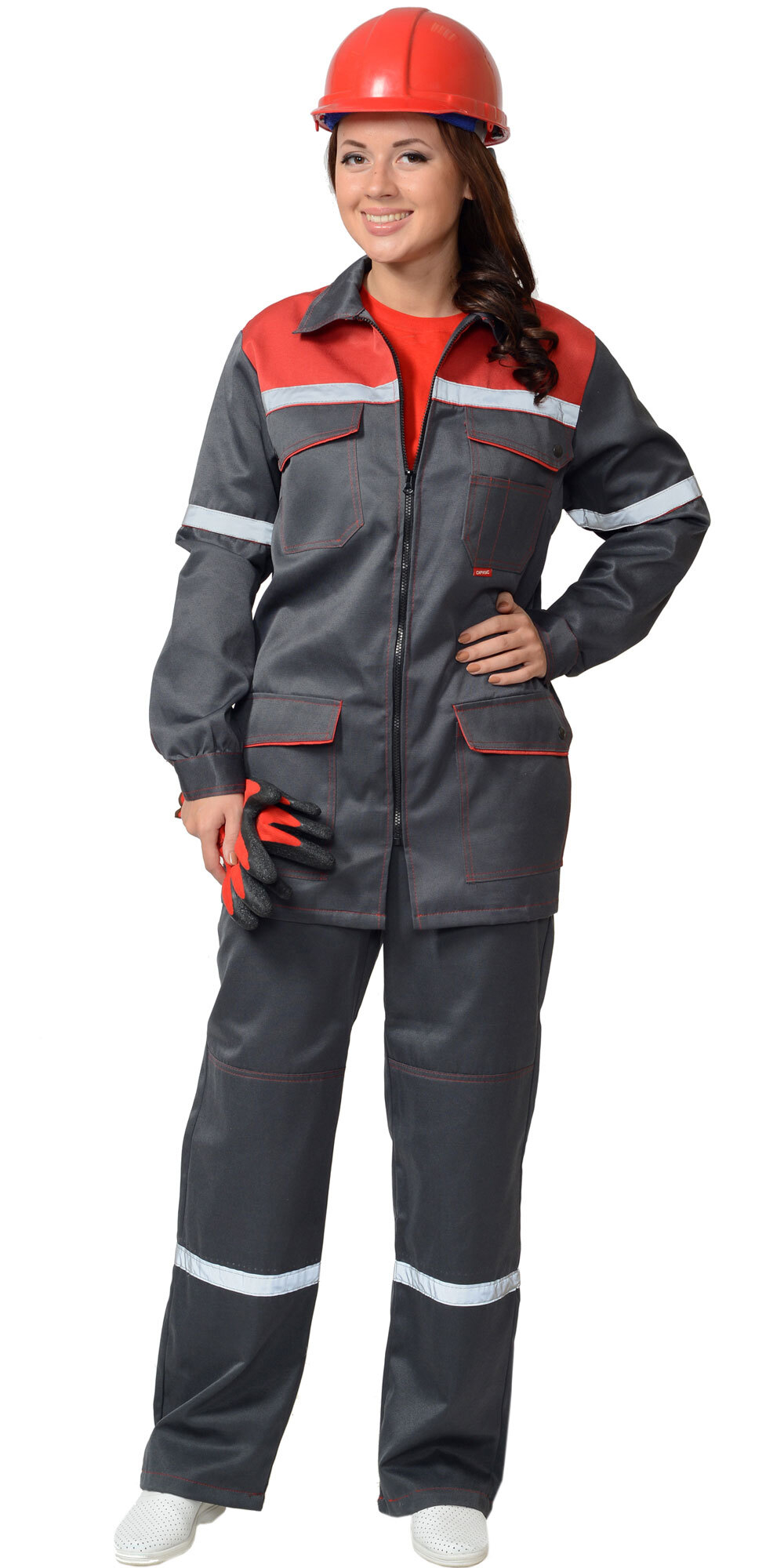 Костюм "МЕХАНИК" женский: куртка, брюки серый с красным и СОП 25 мм.