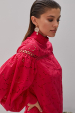 Рубашка свободного кроя с объемными рукавами (Размер: L) (Цвет: ярко-розовый)