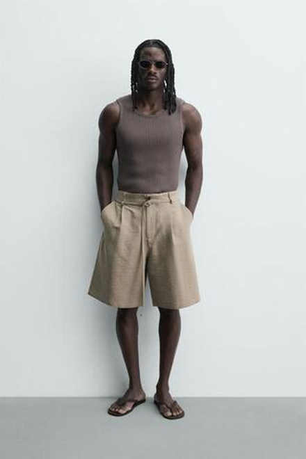 ZARA ШОРТЫ RELAXED FIT СО СКЛАДКАМИ И РЕМНЕМ, РЫЖЕВАТО-КОРИЧНЕВЫЙ