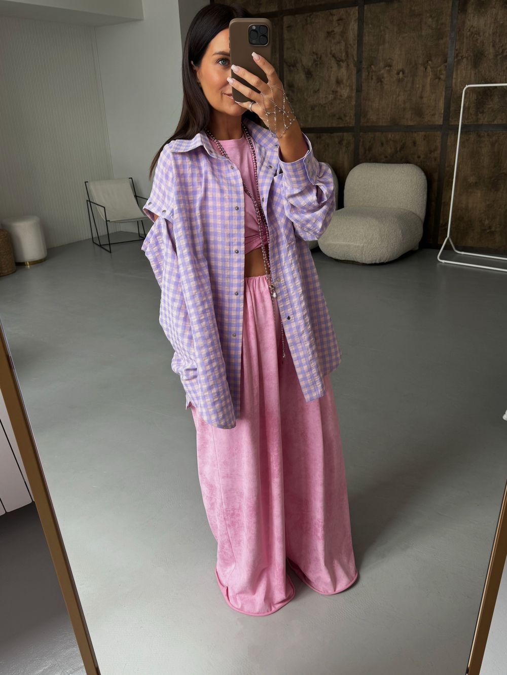 Рубашка с отстегивающимися рукавами в лавандовую клетку