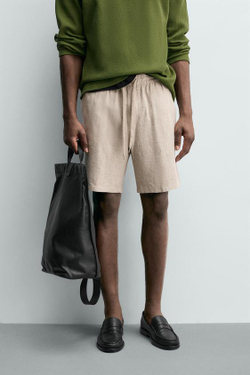 ZARA БЕРМУДЫ RELAXED FIT ИЗ ВИСКОЗЫ И ЛЬНА, СВЕТЛО-БЕЖЕВЫЙ