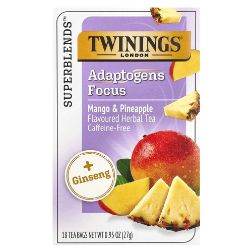 Twinings, Focus Herbal Tea, травяной чай с женьшенем, манго и ананасом, без кофеина, 18 чайных пакетиков, 27 г (0,95 унции)