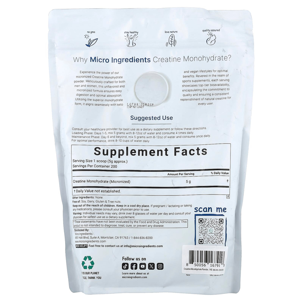 Micro Ingredients, Моногидрат креатина, без добавок, 1 кг (2,2 фунта)