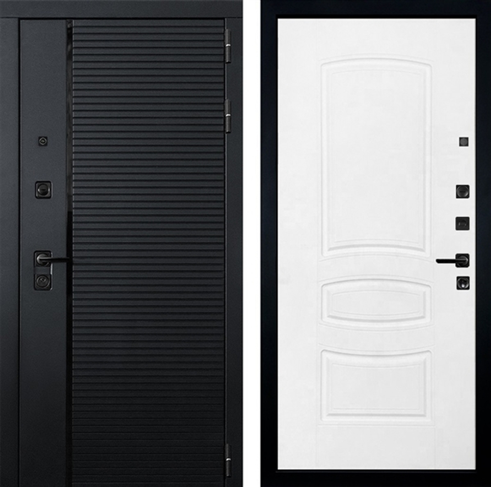 Входная дверь собранная в квартиру Лекс Гранд черный кварц / 68 Белая шагрень (белый матовый, без текстуры)