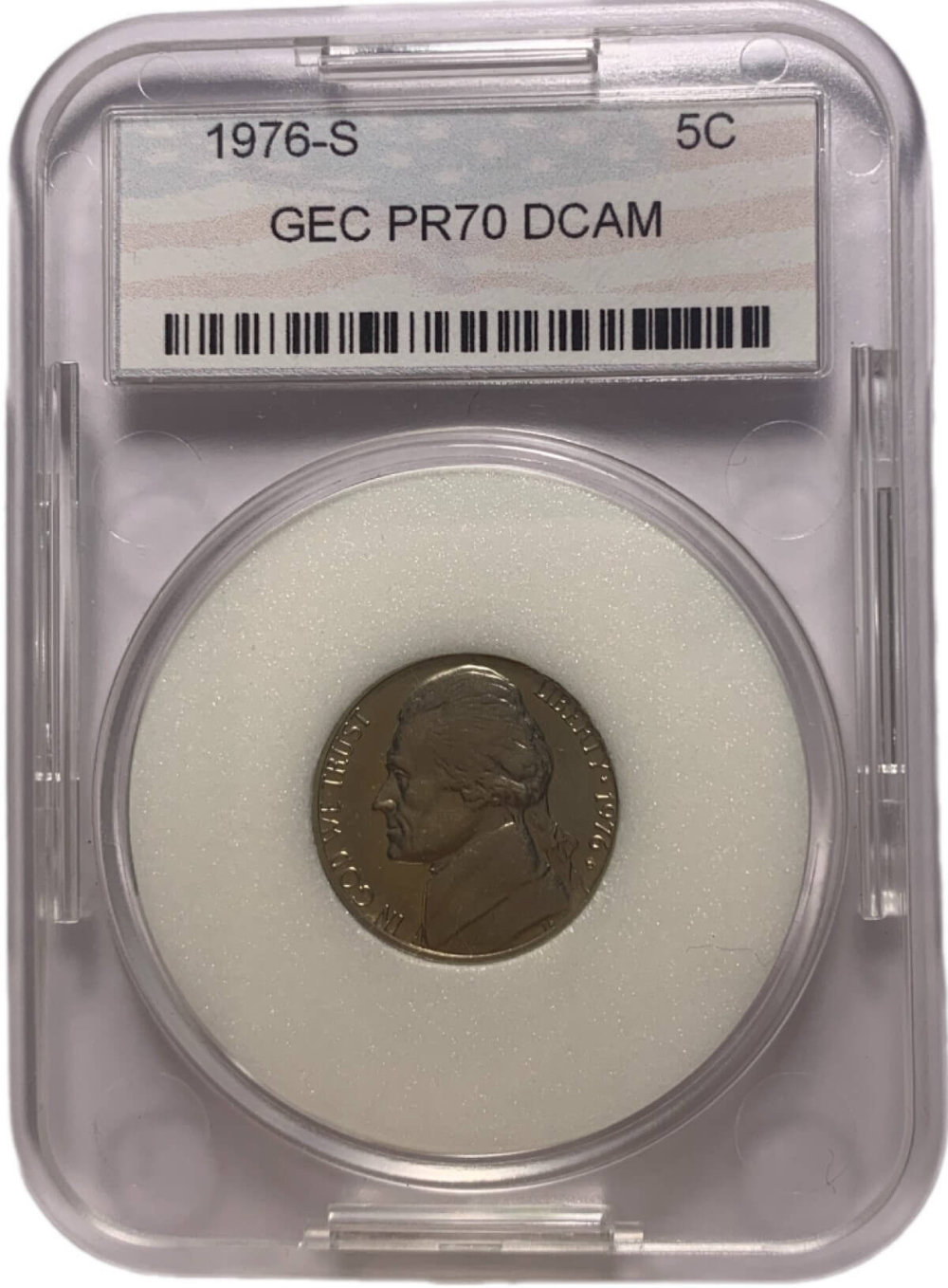 США 5 центов (cents) 1976 S Proof "Jefferson Nickel (Джефферсон)" в слабе GEC PR70 DCAM