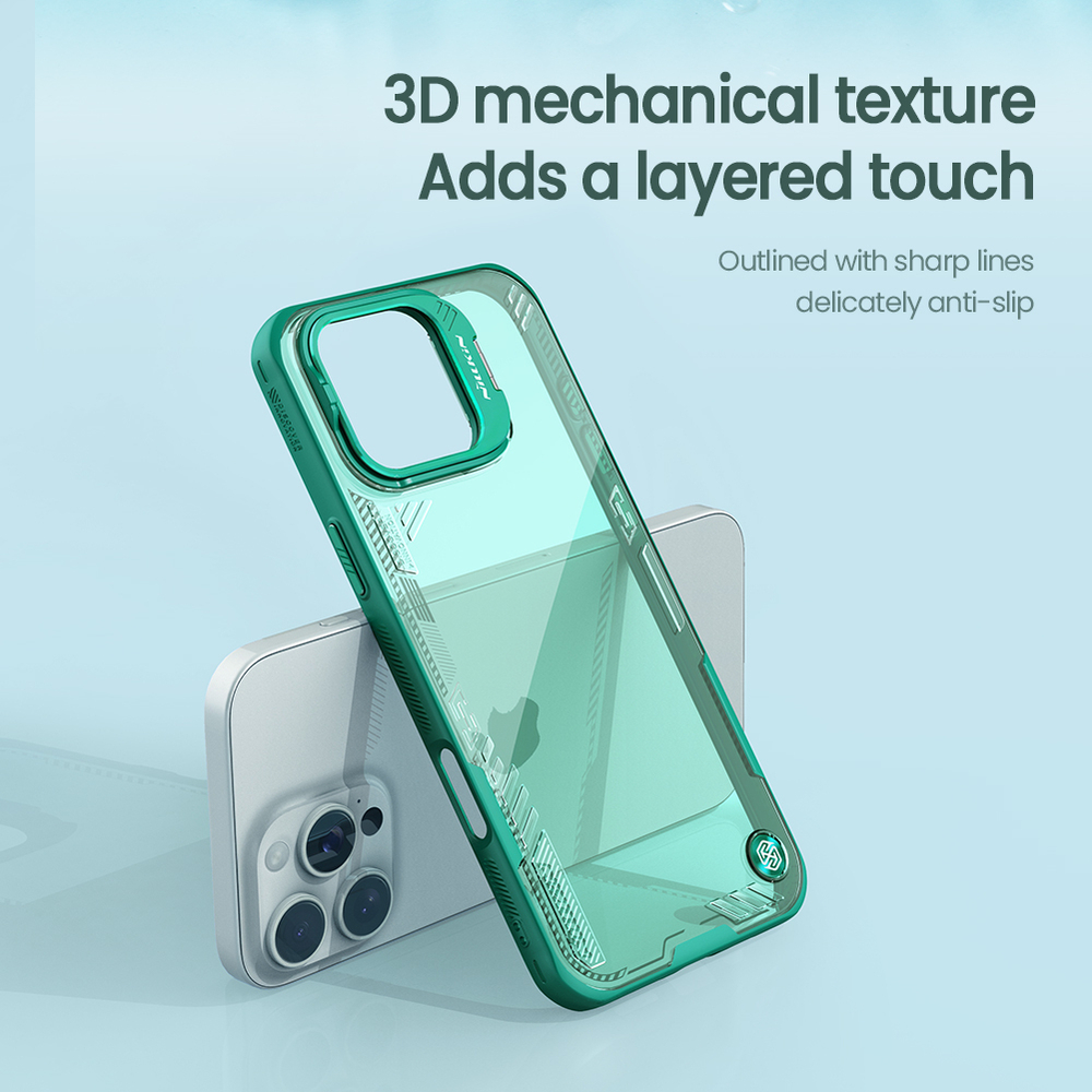 Чехол зеленого цвета от Nillkin с металлической крышкой на iPhone 16 Pro Max, серия Iceblade Prop Case (Hollow Version) (версия с открытой камерой)