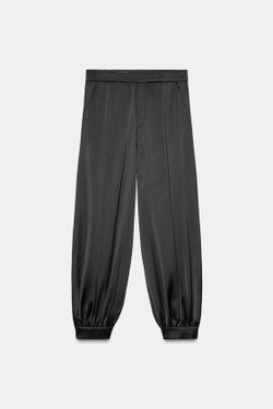 ZARA АТЛАСНЫЕ БРЮКИ-БОМБЕРЫ С ЗАЩИПАМИ, ЧЕРНЫЙ