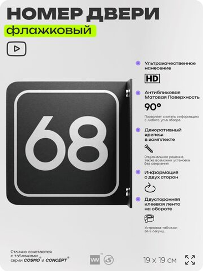 Табличка флажковая с номером 68 на дверь квартиры, для офиса, кабинета, аудитории, склада, черная двустороняя 19х19 см, Айдентика Технолоджи