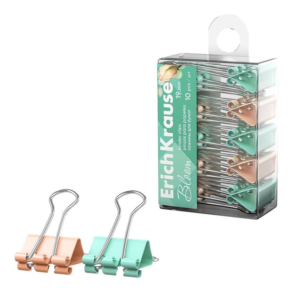 Зажимы для бумаг 19 мм, Erich Krause "Pastel Bloom", ассорти, 10 шт/уп, пэт-бокс, европодвес Зажимы для бумаг 19 мм, Erich Krause "Pastel Bloom", ассорти, 10 шт/уп, пэт-бокс, европодвес