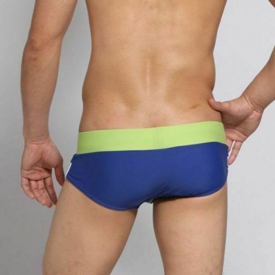 Мужские плавки брифы синие c салатовым поясом SEOBEAN