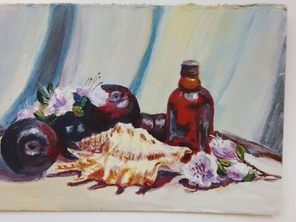 Картина "Натюрморт со сливами и ракушкой" авторская работа оригинал (акрил, картон) 240 мм на 150 мм без рамки