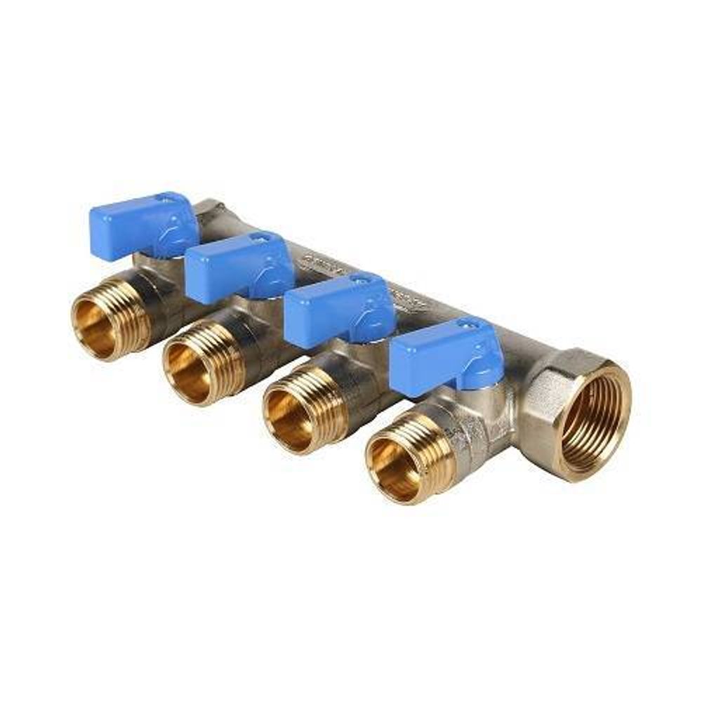 Коллектор запорный проходной STOUT - 3/4&quot; (НР/ВР) на 4 контура 1/2&quot; (НР, ручки синие)