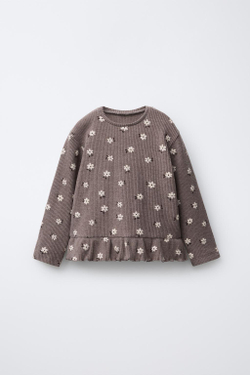 ZARA ФУТБОЛКА С ПРИНТОМ И ОБОРКОЙ ИЗ МЯГКОЙ ТКАНИ, КОРИЧНЕВЫЙ МЕЛАНЖ