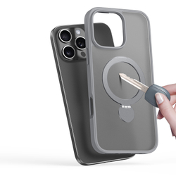 Прозрачный матовый чехол с серыми рамками и с поддержкой MagSafe от Dux Ducis для iPhone 16 Pro, серия Yind Series Case (версия с магнитной откидной подставкой)