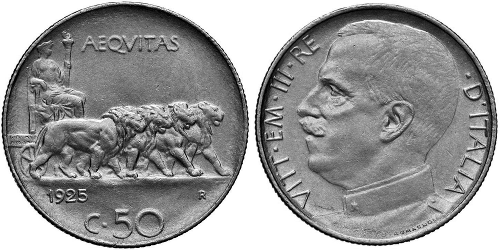 Италия 50 чентезимо, 1919 - 1935 Король Виктор Эммануил III VF