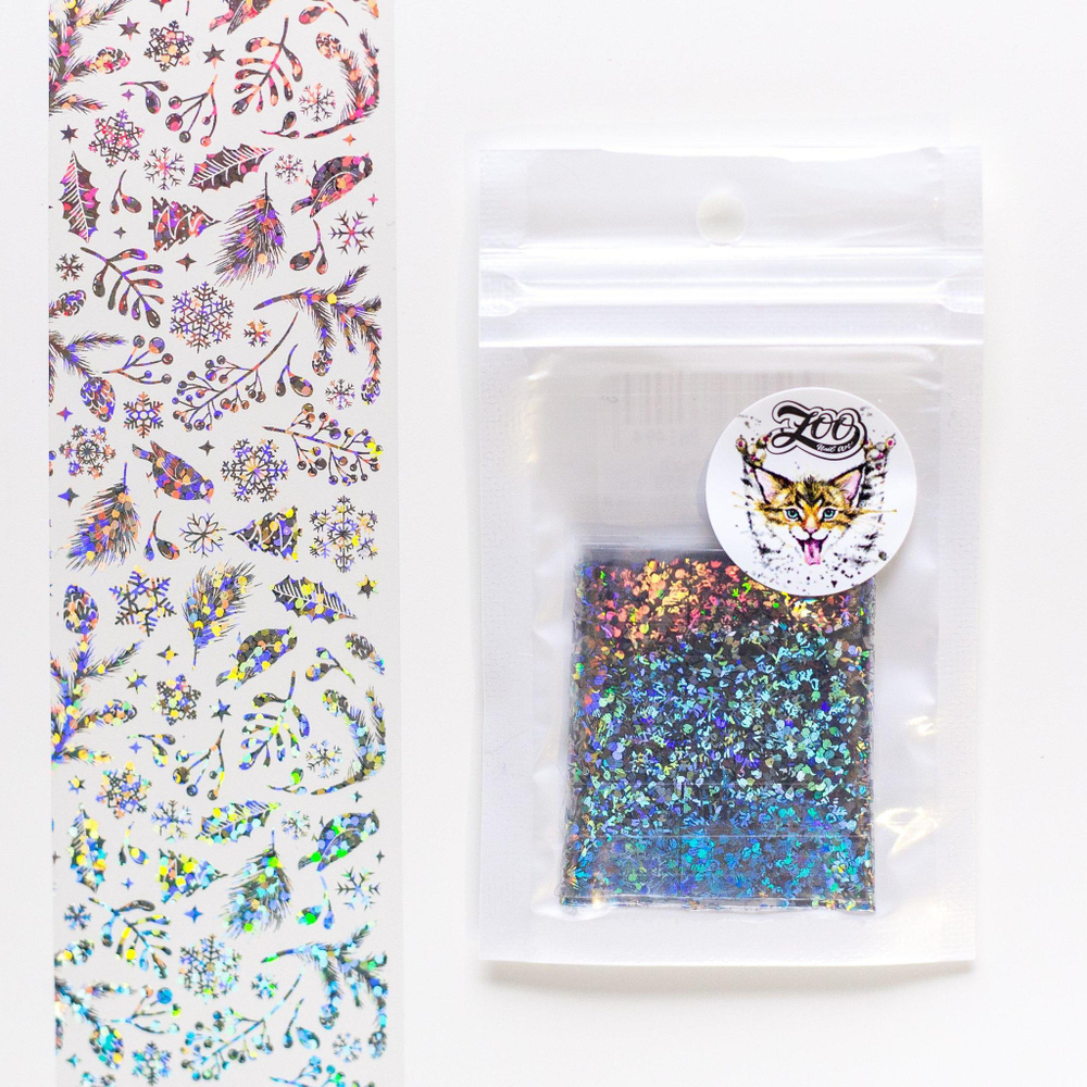 1452 Фольга переводная 4*50 см новогодняя прозрачная серебро, ZOO NAIL ART