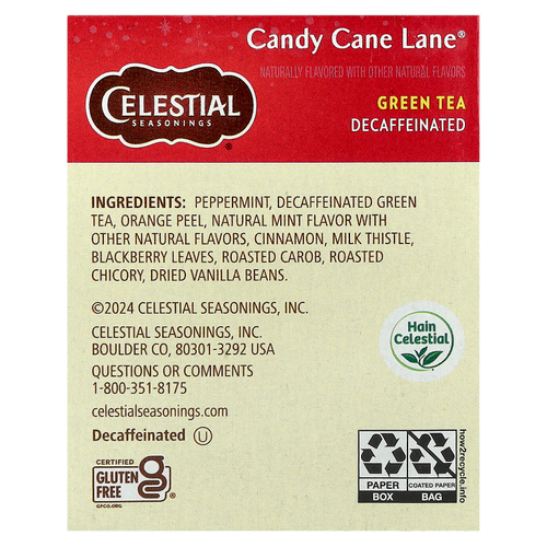 Celestial Seasonings, Holiday Green Tea, Candy Cane Lane®, без кофеина, 18 чайных пакетиков, 35 г (1,2 унции)