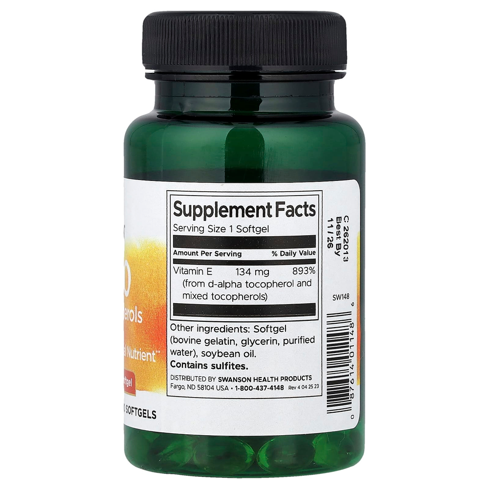 Swanson, витамин E, смешанные токоферолы, 134 мг (200 МЕ), 100 мягких таблеток