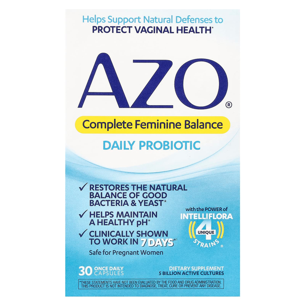 AZO, Complete Feminine Balance, пробиотик для ежедневного приёма, 5 млрд КОЕ, 30 капсул для приёма один раз в день
