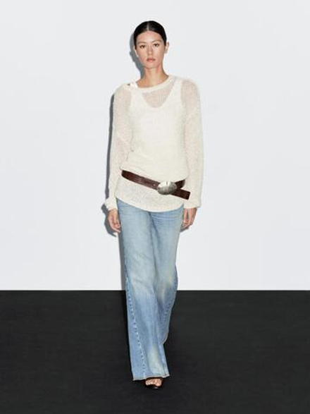Massimo Dutti Свитер оверсайз ажурной вязки, песочный