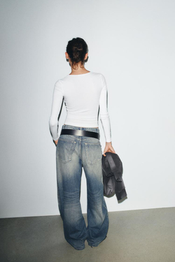 ZARA ТОП В РУБЧИК С ДЛИННЫМИ РУКАВАМИ, БЕЛЫЙ