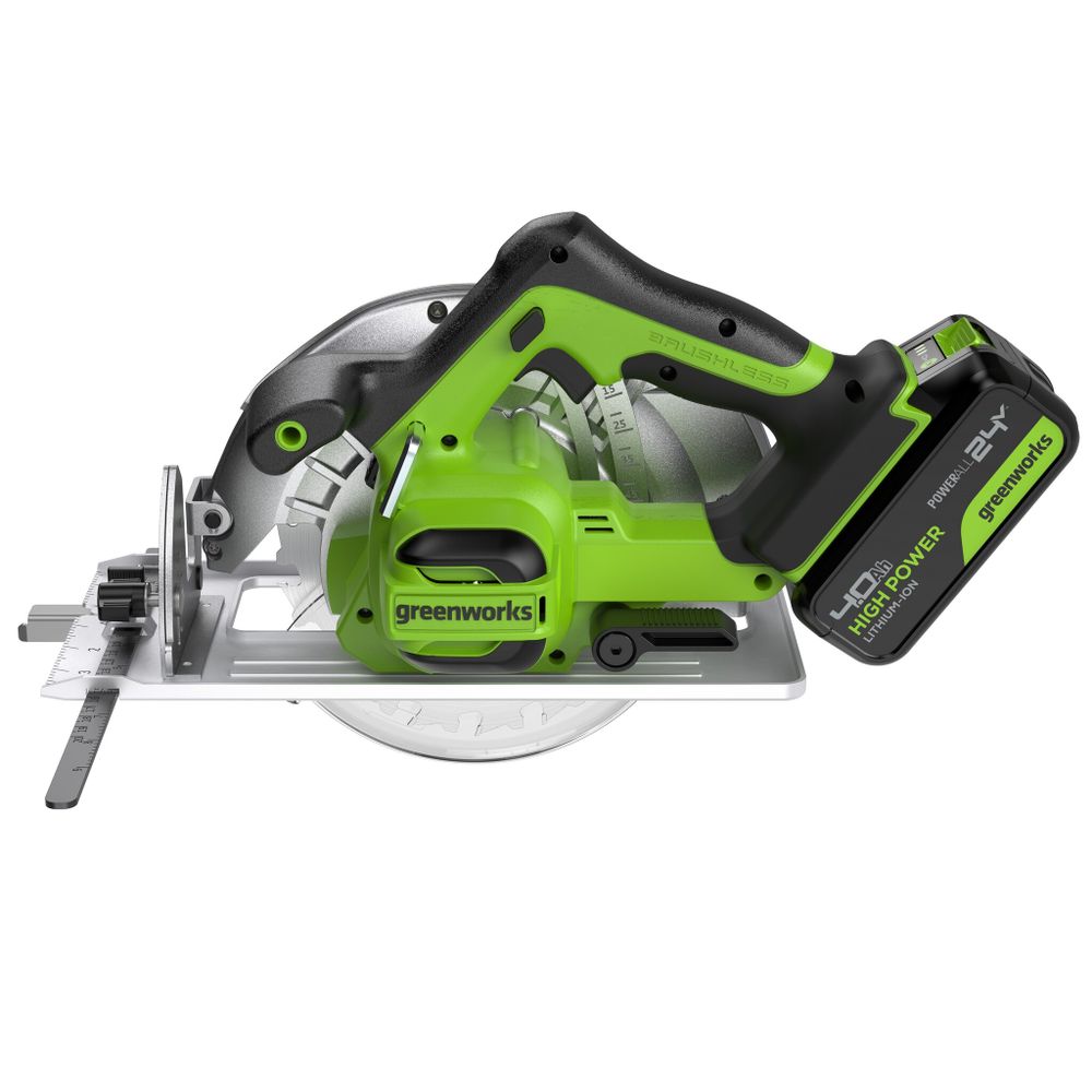 Дисковая пила акк. Greenworks GD24CS, 24V,б/щет,185х20мм, 4500 об/мин, рез 63мм,1х4Ач,ЗУ,кор (1500907CUB)