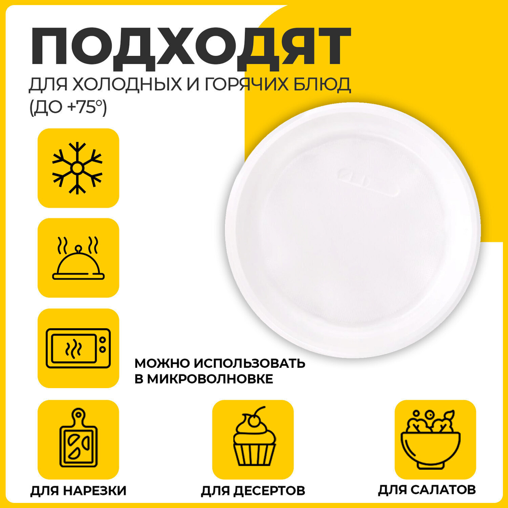 Одноразовые тарелки плоские комплект 100 шт. пластик d=220 мм СТАНДАРТ белые ПП холодное/горячее LAIMA (2 штуки в упаковке)