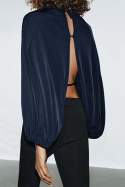 ZARA ТОП С ОБЪЕМНЫМИ РУКАВАМИ И РАЗРЕЗАМИ, СИНИЙ