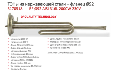 Нагревательный элемент (ТЭН) для водонагревателя 2000W М6 Нержавейка