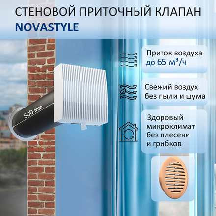 Шумозащитный вентиляционный стеновой клапан NovaSTYLE КИВ-125 с квадратным оголовком, с вентканалом 0,5 м, решеткой RAL1015, бежевой