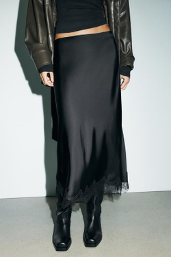ZARA АТЛАСНАЯ ЮБКА МИДИ С КРУЖЕВОМ, ЧЕРНЫЙ