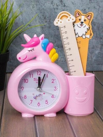Часы-будильник с подставкой для канцелярии «Rainbow unicorn», pink (14х15 см)