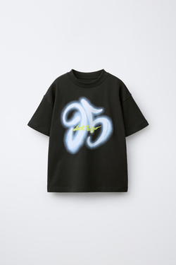 ZARA ФУТБОЛКА С НЕОНОВОЙ НАДПИСЬЮ, ТЕМНЫЙ АНТРАЦИТ