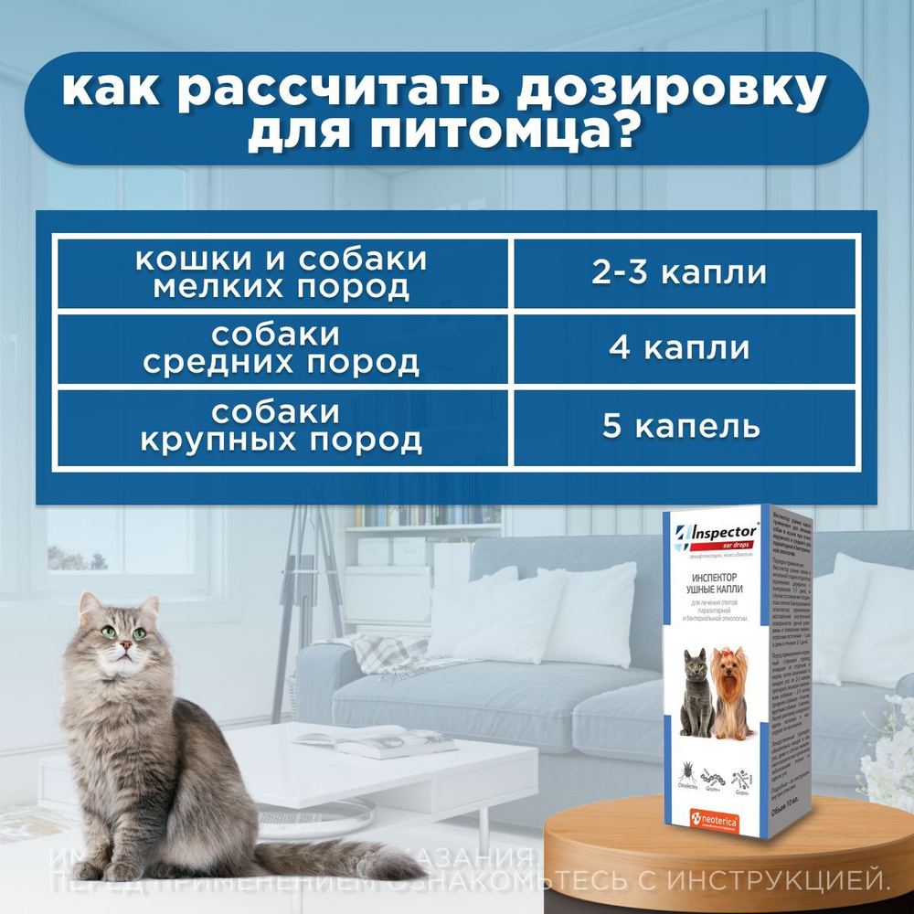 Ушные капли для кошек и собак для лечения отитов паразитарной и бактериальной этиологии Inspector, Левофлоксацин/Моксидектин, 10мл